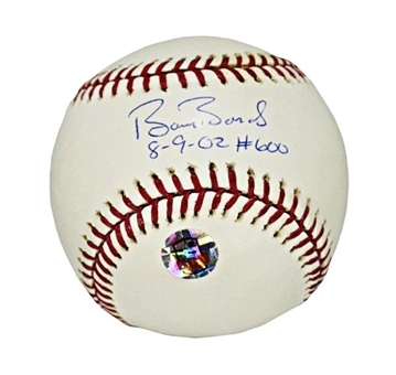 Barry Bonds Signed and Inscribed Baseball – ‘8-9-02 #600